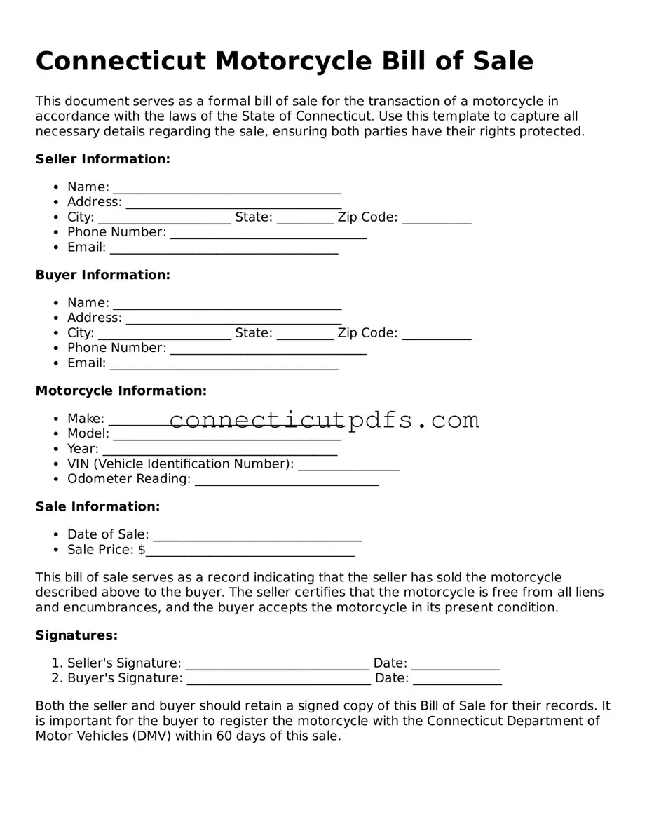 Fillable Connecticut Motorcycle Bill of Sale Document