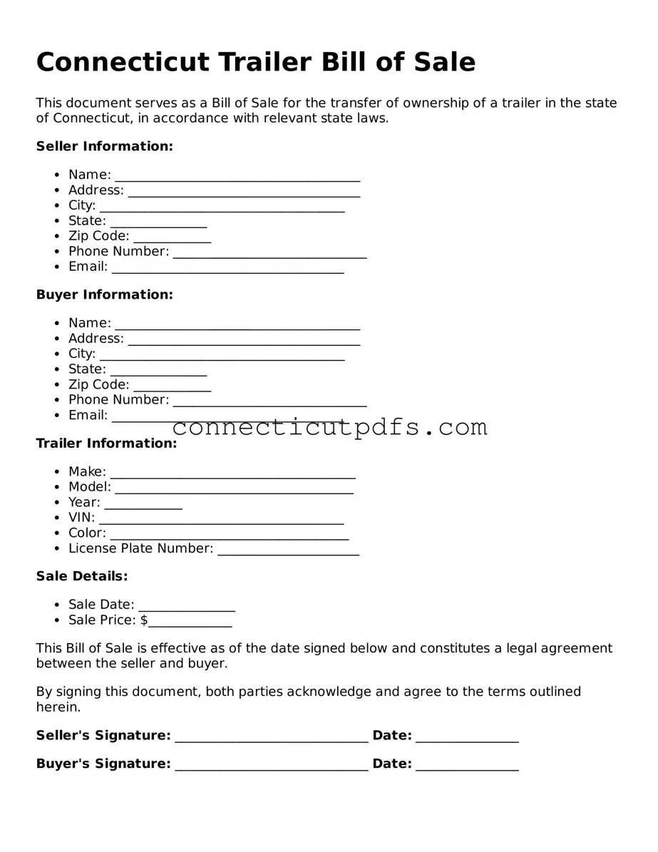 Fillable Connecticut Trailer Bill of Sale Document