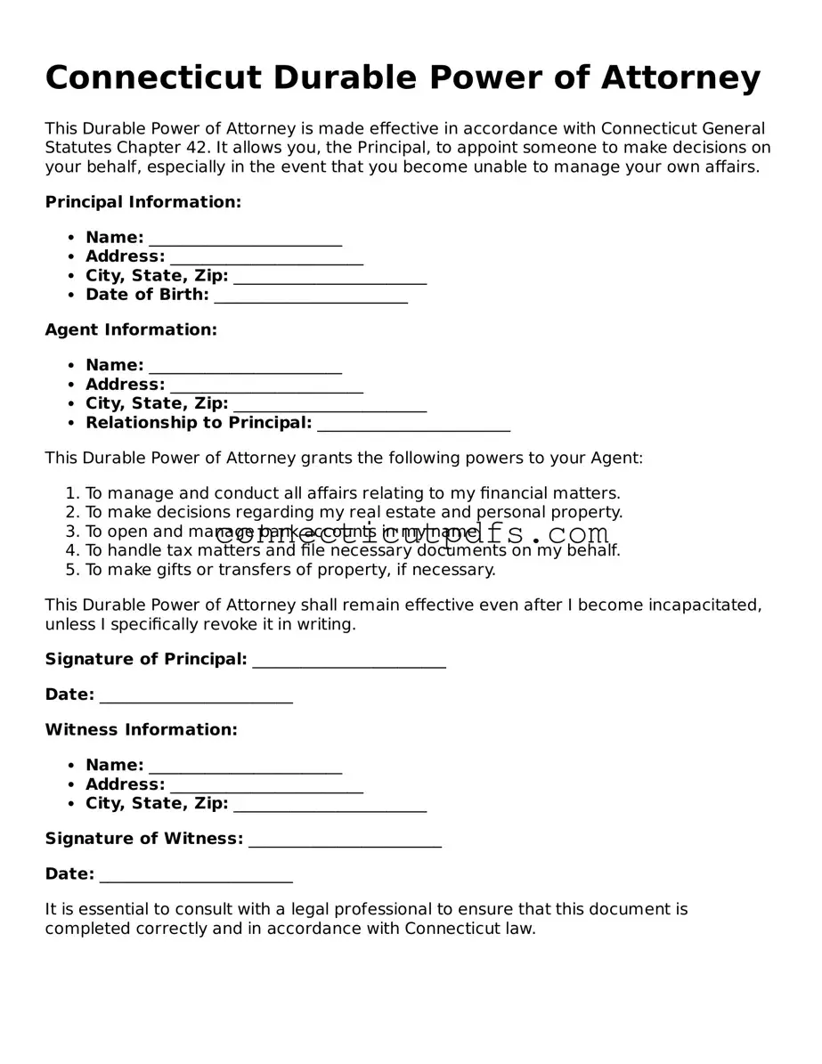 Fillable Connecticut Durable Power of Attorney Document