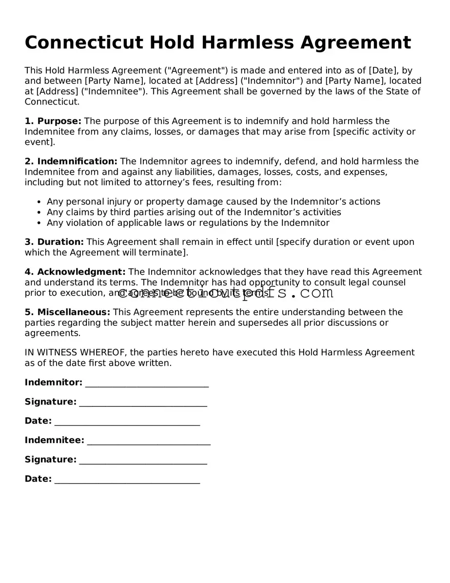 Fillable Connecticut Hold Harmless Agreement Document