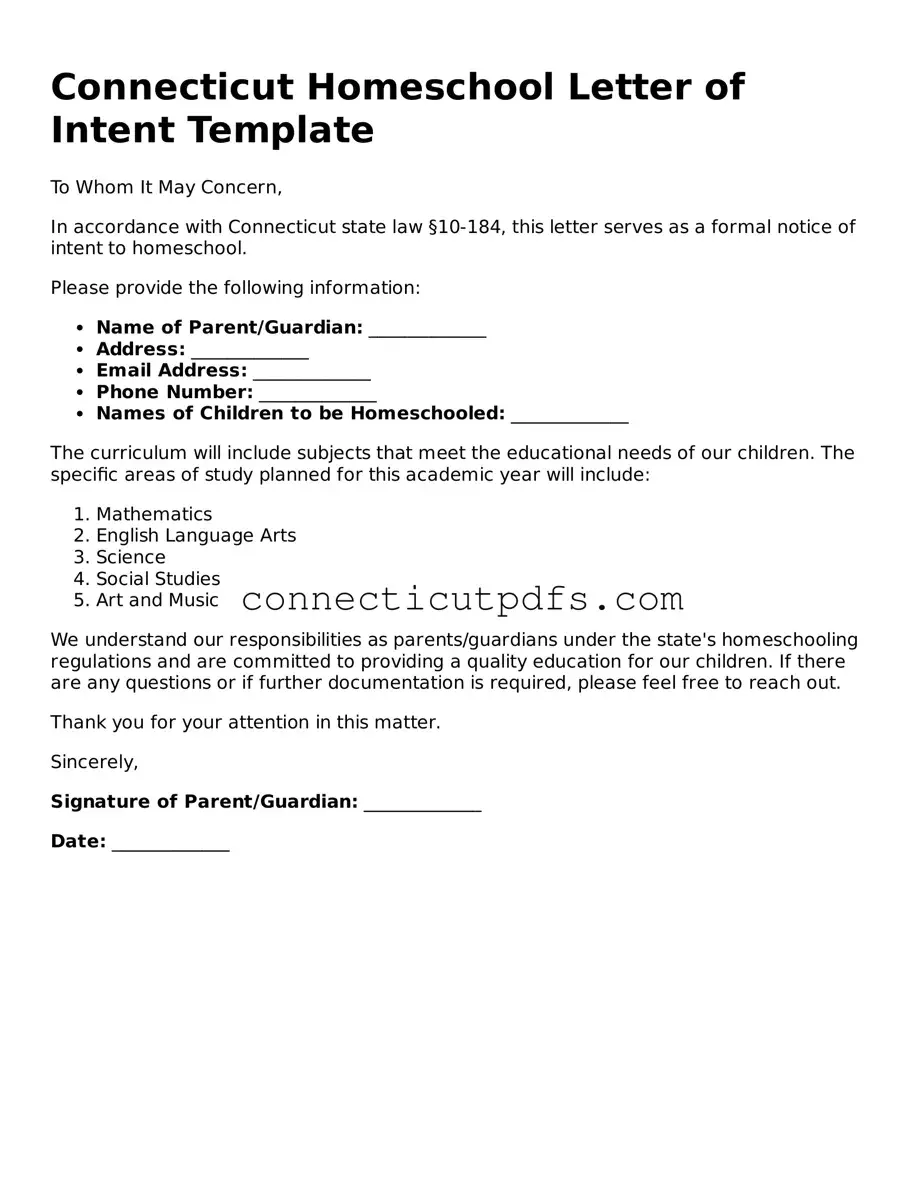 Fillable Connecticut Homeschool Letter of Intent Document