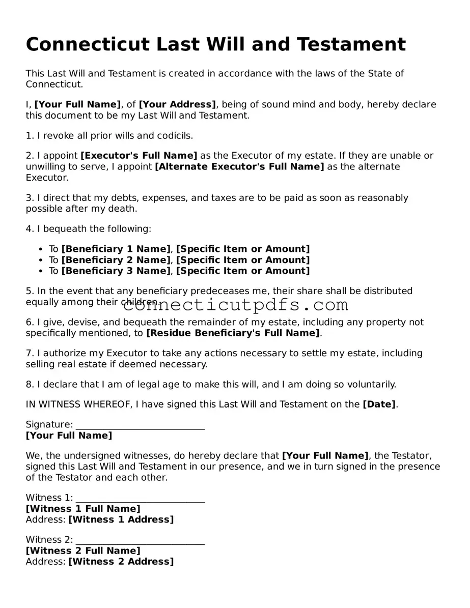 Fillable Connecticut Last Will and Testament Document