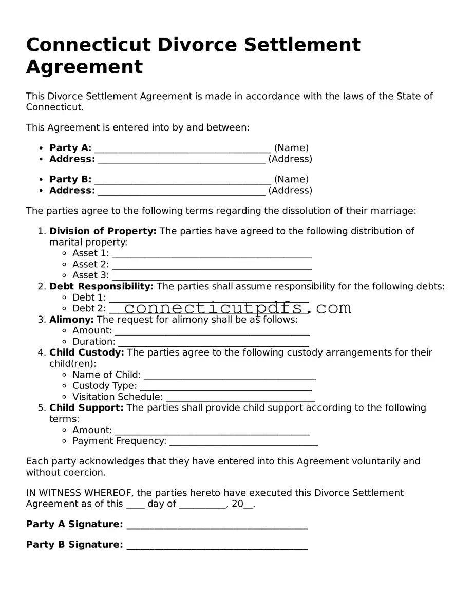 Fillable Connecticut Divorce Settlement Agreement Document
