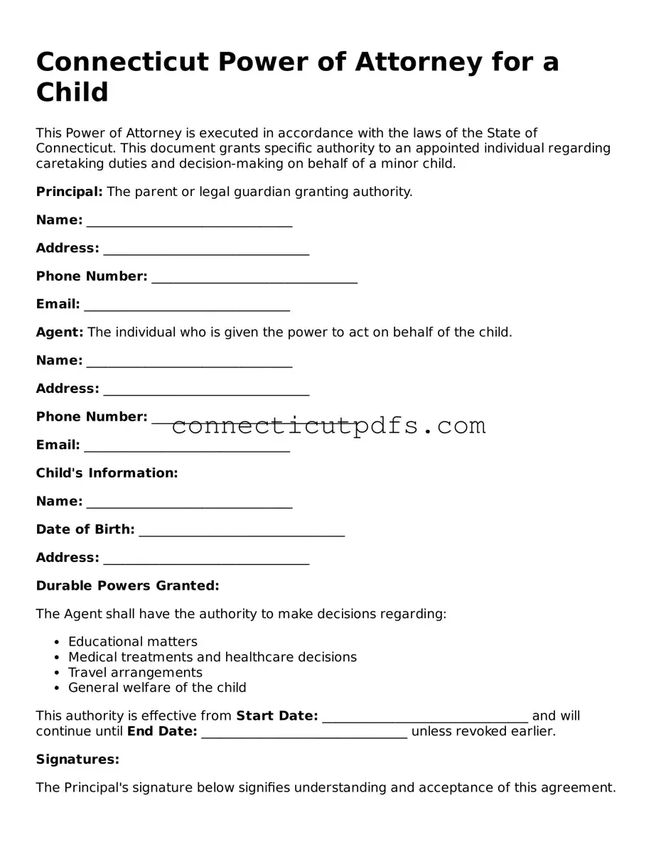 Fillable Connecticut Power of Attorney for a Child Document