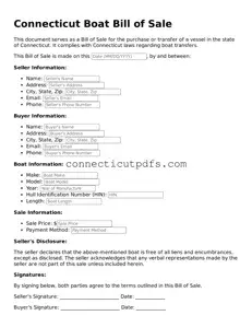 Fillable Connecticut Boat Bill of Sale Document