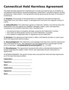 Fillable Connecticut Hold Harmless Agreement Document